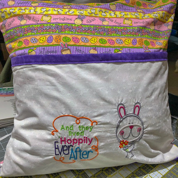 Rabbit hoppily ever after book pillow 18x18 (White)-Quick Stitch Designs