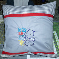 Books make your world big hippo book pillow 18x18-Quick Stitch Designs